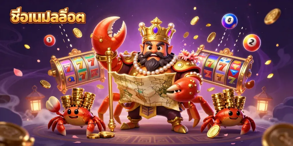Experience the thrilling atmosphere of ชื่อเกมสล็อต with vibrant slot reels and golden crab emperor.