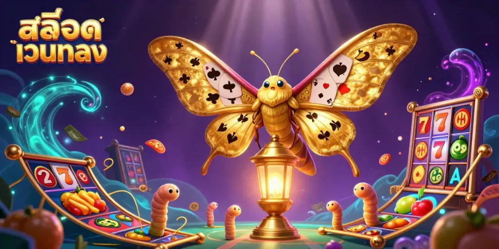 Engage with สล็อตเว็บตรง as golden moths showcase the vibrant world of slot reels, jackpots, and casino magic.