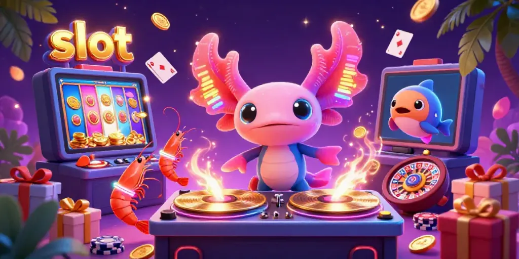 Experience thrilling slot adventures with vibrant DJ axolotl and friends in an immersive underwater casino.