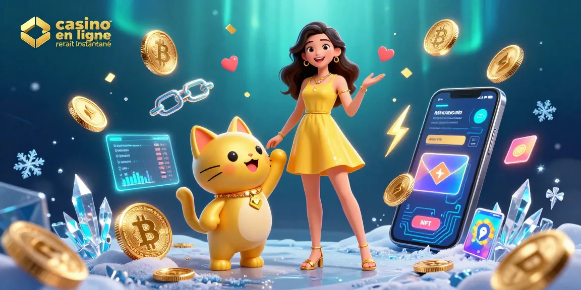 Illustration engageante de casino en ligne retrait instantané montrant des interactions joyeuses et des éléments de crypto.