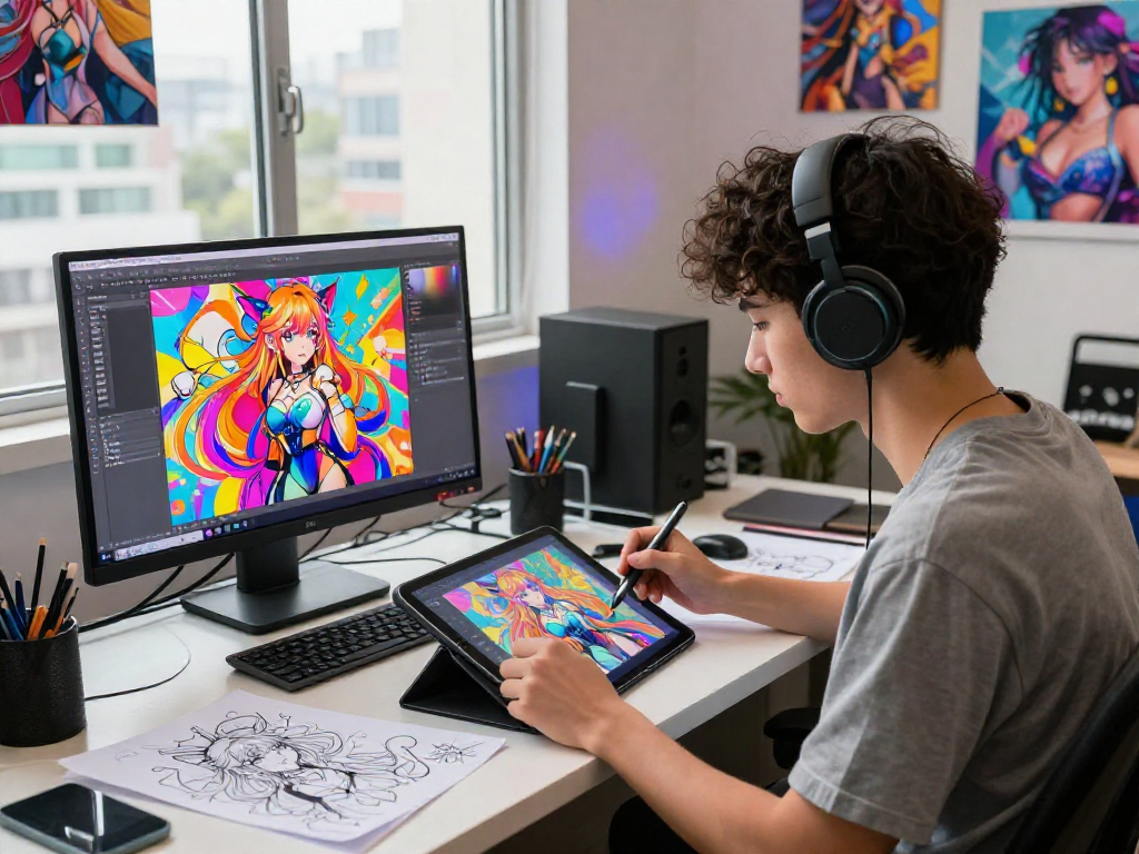 A vibrant digital art studio showcasing a character design session focused on hentai AI chat creation.