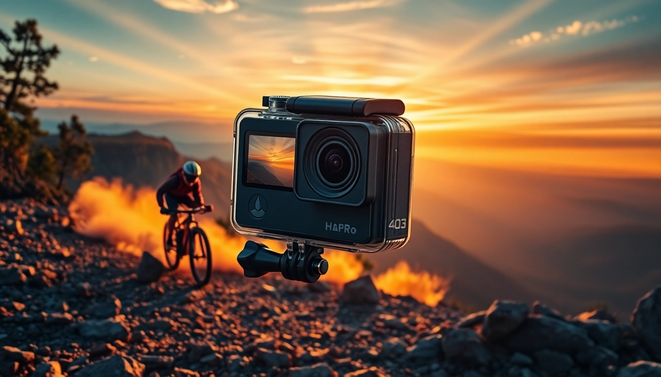 Action camera in action, capturing a mountain biker on a rugged trail during sunrise.