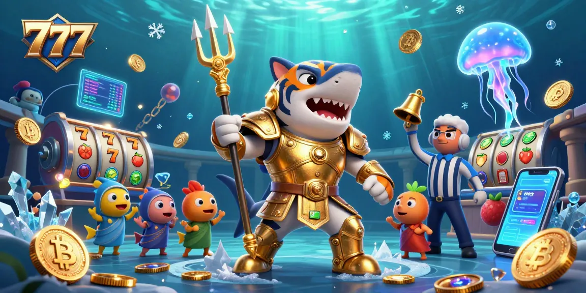 Engage in thrilling gaming with 777 slot reels, lucky symbols, and vibrant underwater elements.