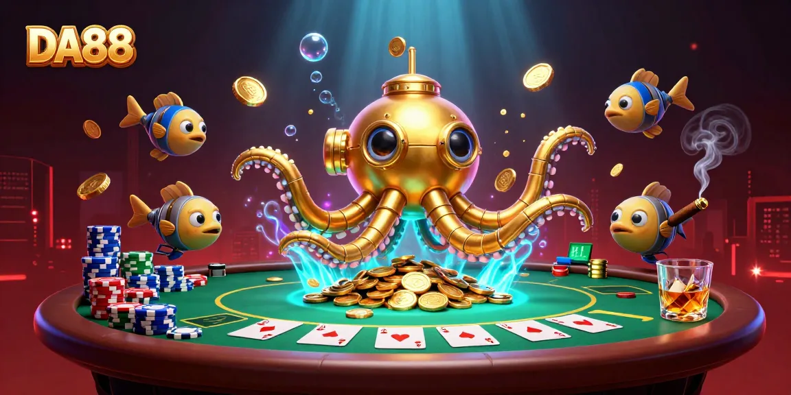 Play DA88 poker with a vibrant underwater scene featuring a golden kraken submarine and colorful chips.