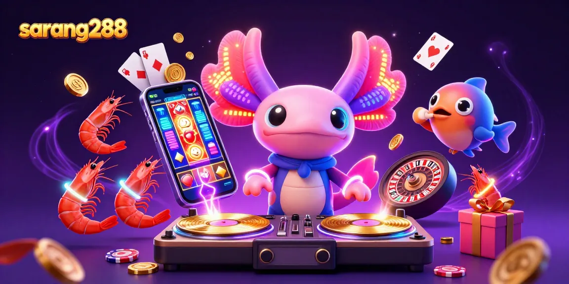 Sarang288 menampilkan permainan slot menarik dengan karakter lucu dan elemen kasino yang berwarna-warni.