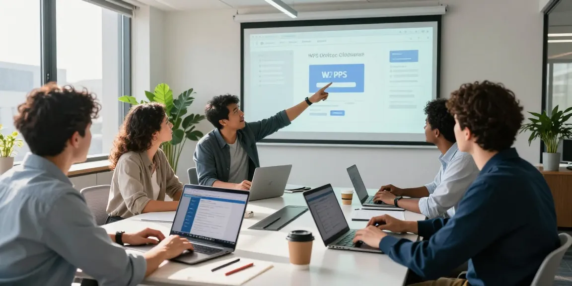 Download WPS Office in a dynamic collaborative tech workspace with professionals discussing productivity strategies and applications.