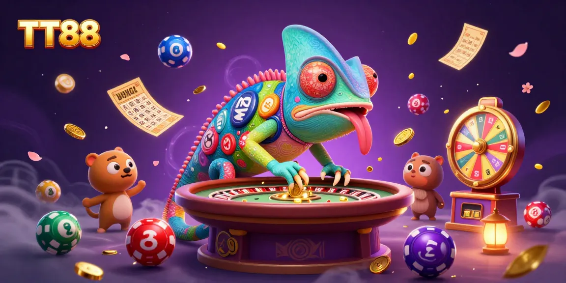 TT88 casino owner chameleon snatches golden coins amidst vibrant gambling elements.