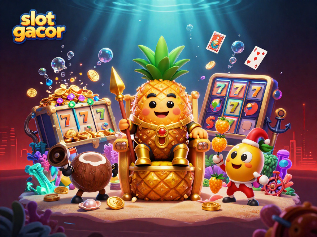 Permainan slot gacor menarik dengan karakter raja nanas, penjaga kelapa, dan pelawak mangga di kasino pantai.