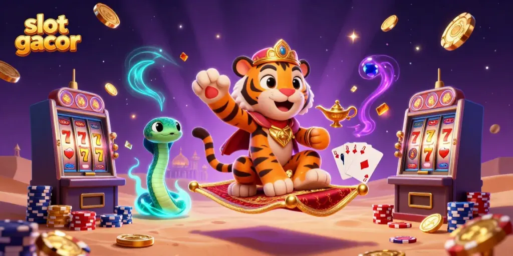 Engage with slot gacor adventures featured in a vibrant Arabian-themed casino scene