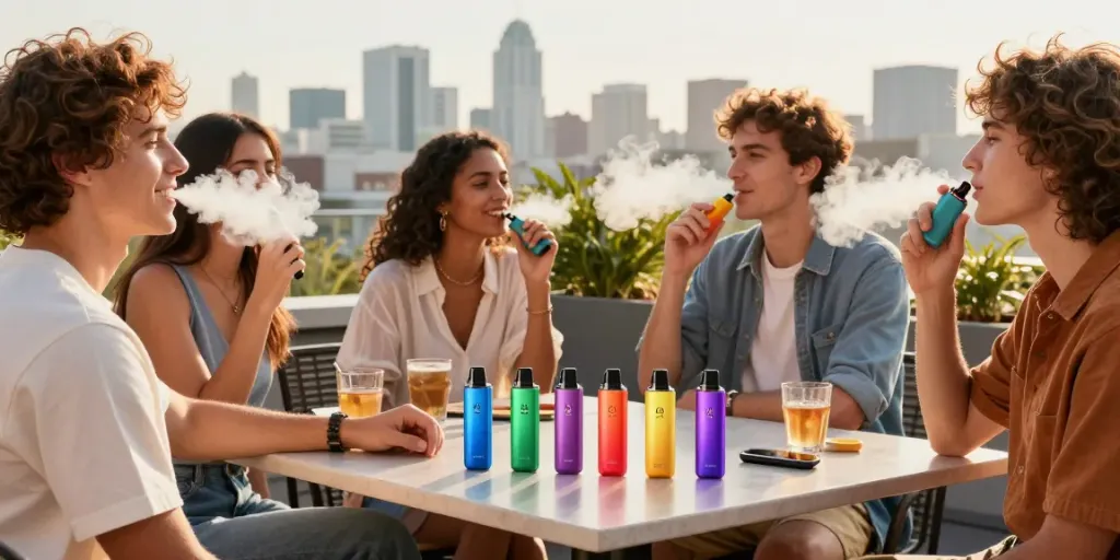 Group of friends enjoying Hitz infinity Gen 7 vaporizers on a rooftop during sunset, showcasing vibrant flavors.
