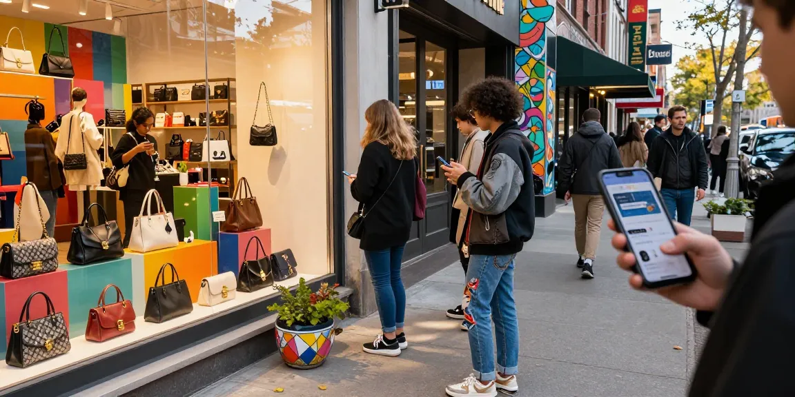 Engaging urban scene outside a 레플리카 쇼핑몰 showcasing trendy replica handbags and accessories amidst vibrant street life.