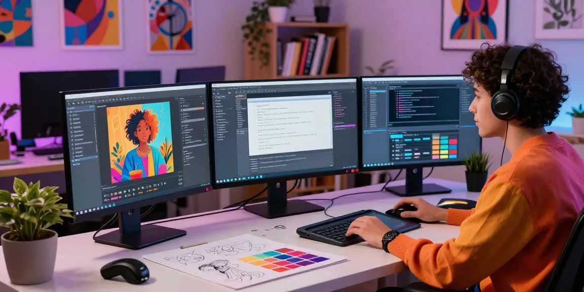Innovative AI prompt image generation workspace showcasing a designer's vibrant studio and creative tools.