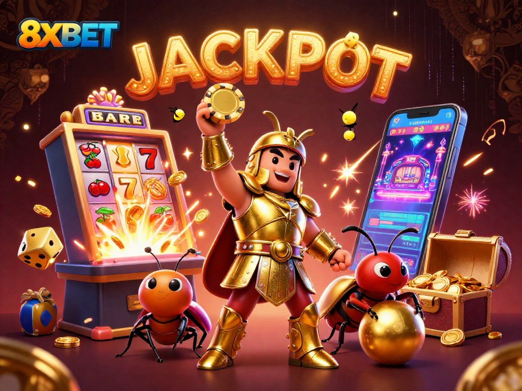 Win big with 8XBET as the victorious beetle celebrates jackpot success amidst dynamic casino elements.