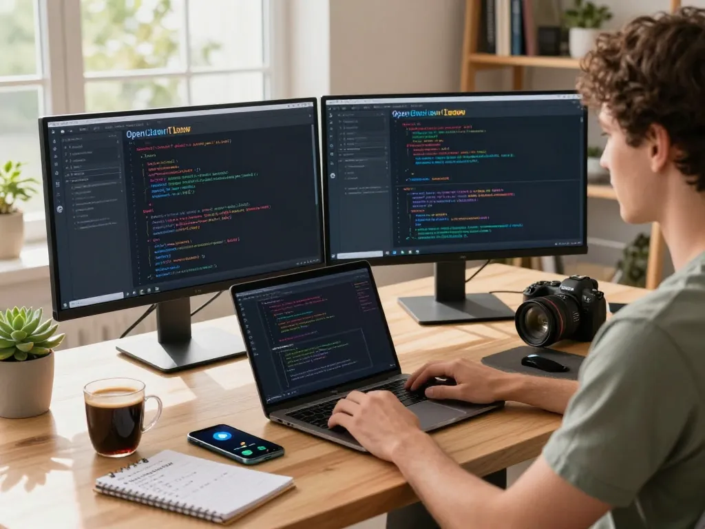 OpenClaw personal AI assistant interface on dual monitors in a modern workspace.