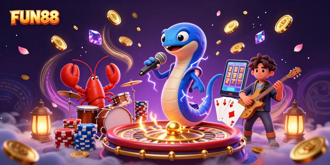 Experience FUN88's electrifying casino scene with a DJ eel, lively band, and cascading treasures.