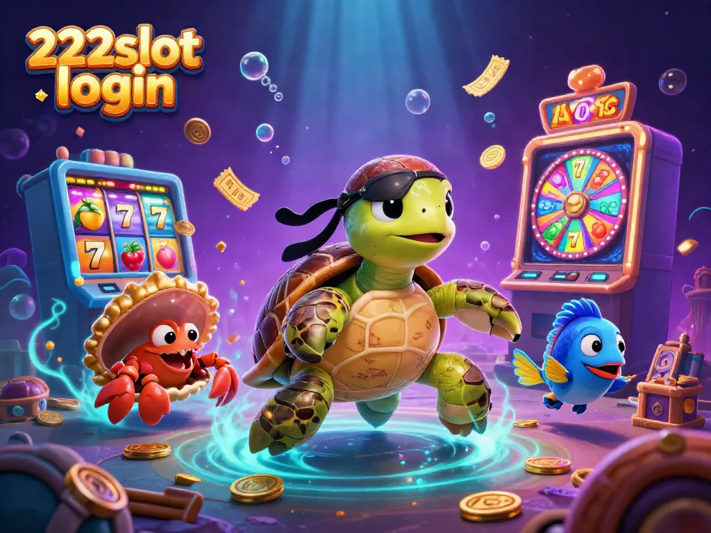 Ilustrasi 222slot login dengan karakter kartun dan slot mesin yang menghujani koin di lautan.