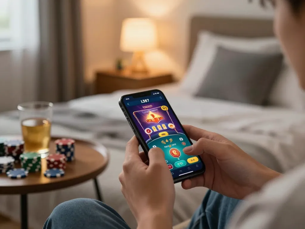 L567 mobile casino gaming on a smartphone in a cozy bedroom setting