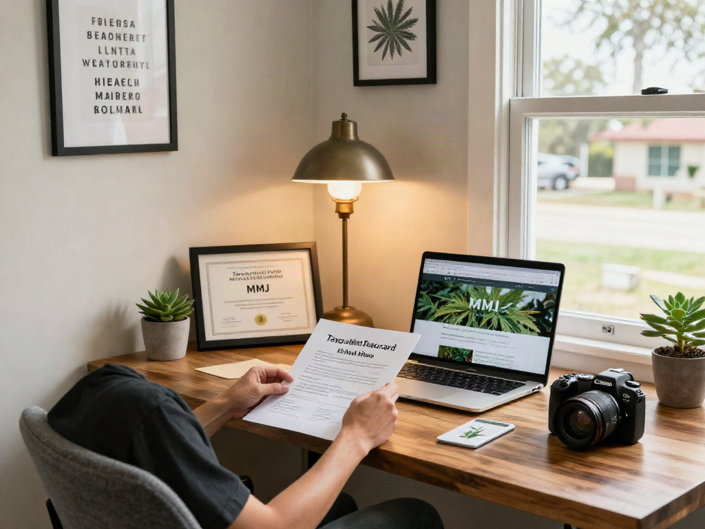 Informative home office setting showcasing how to obtain a Texas MMJ card with documents and a laptop.