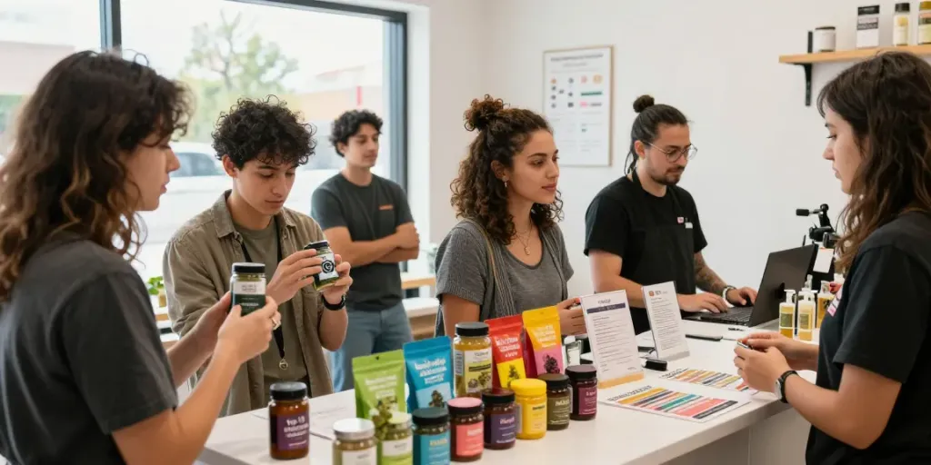 Exploring top 10 shatter strains in Canada at a vibrant cannabis dispensary with friends.