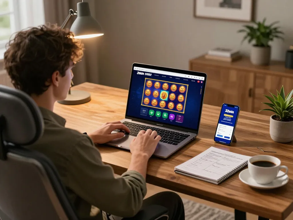 Player engaging with 32win online casino on laptop, relaxed home gaming setup.