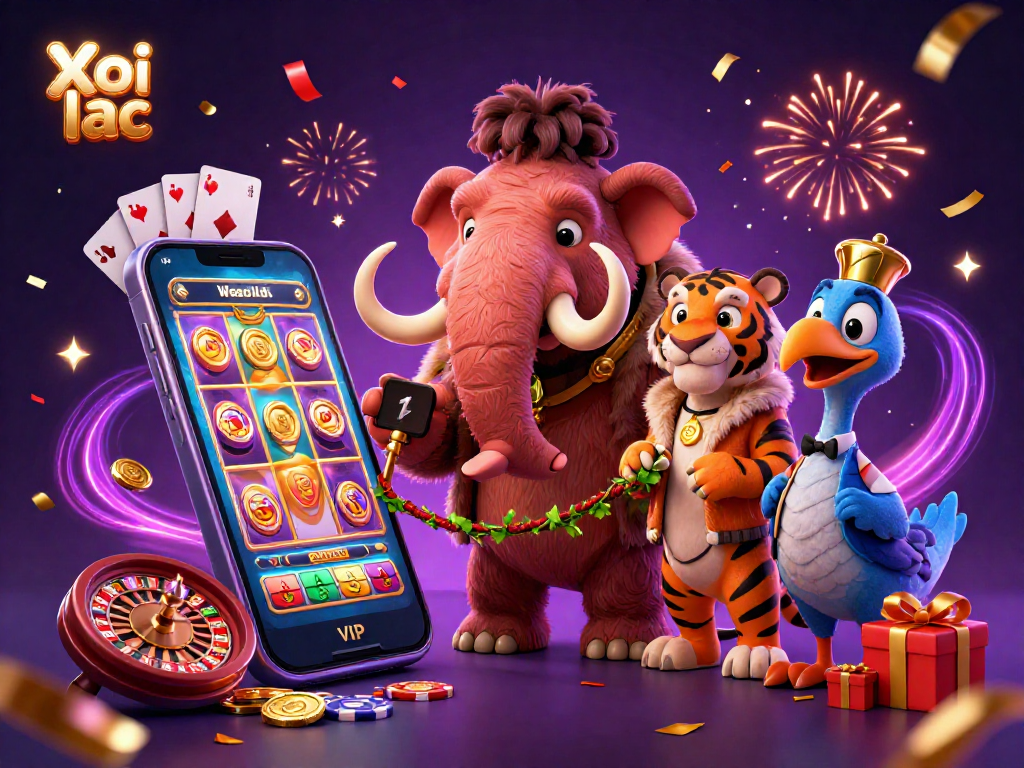 Xoi lac casino scene with a woolly mammoth bouncer, saber-tooth guest, and dodo doorman entertaining players.