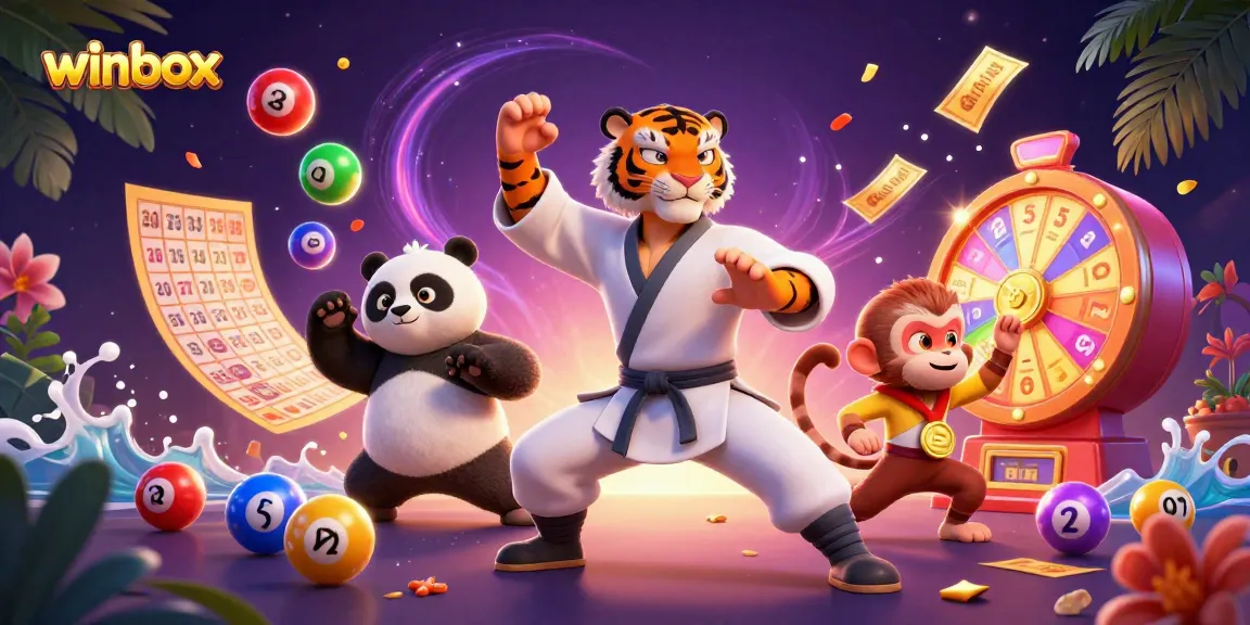 Experience winbox gaming with a kung fu master, panda, and monkey in an exciting lottery scene.