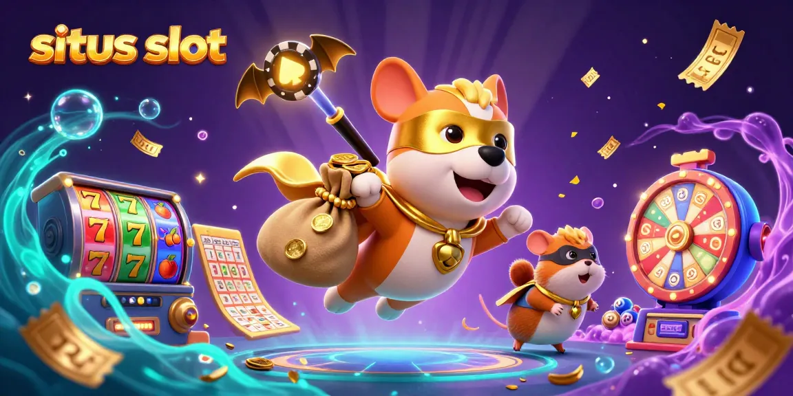 Situs slot: gulungan slot dan simbol keberuntungan berputar dengan karakter pahlawan yang menarik perhatian