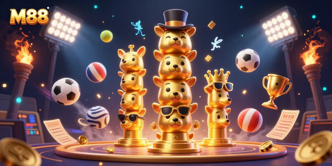 M88 engages players with a vibrant 3D casino scene showcasing sports elements, dynamic betting slips, and a golden totem theme.
