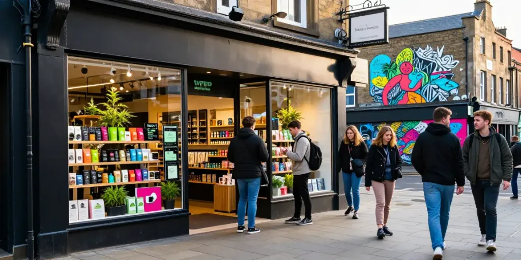Weed shop Newcastle upon Tyne with diverse shoppers exploring cannabis products in a vibrant urban setting.