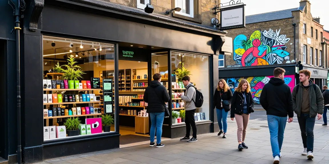 Weed shop Newcastle upon Tyne with diverse shoppers exploring cannabis products in a vibrant urban setting.