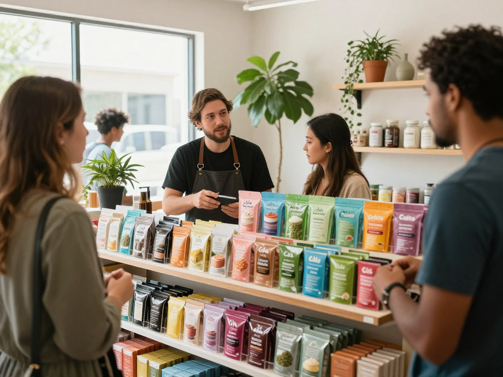 Customers exploring Cake carts at a dispensary, vibrant flavors highlighted.