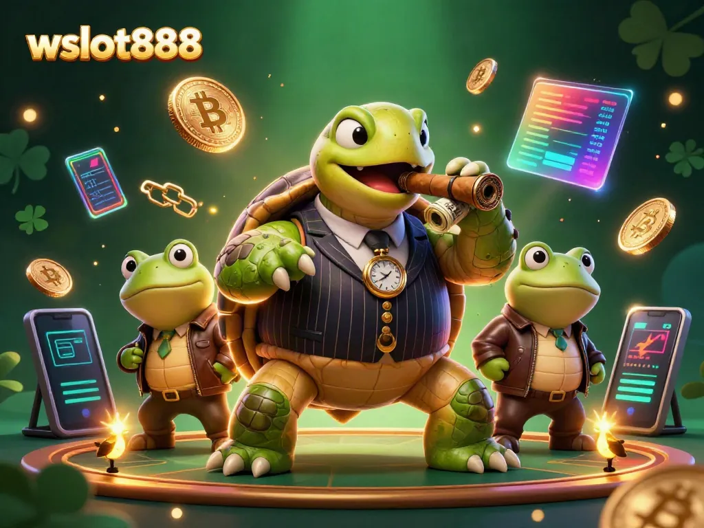Ilustrasi 3D dari wslot888 dengan karakter unik menikmati permainan kasino dan koin digital yang berkilau.