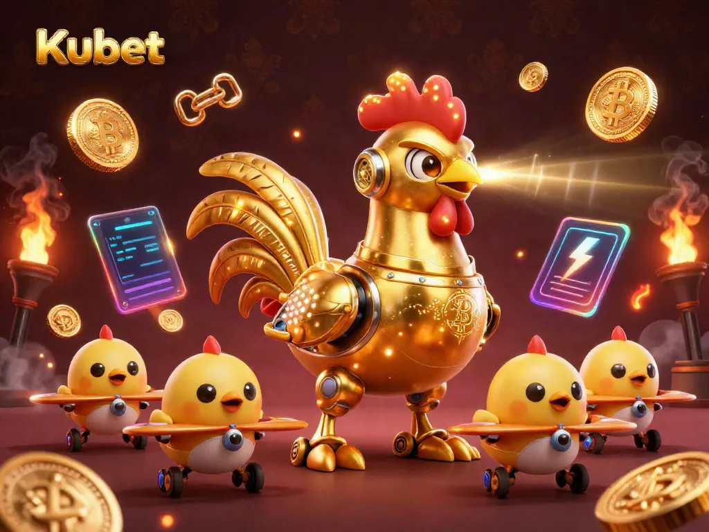 Experience thrilling gaming at Kubet with a vibrant illustration of futuristic characters and crypto elements.