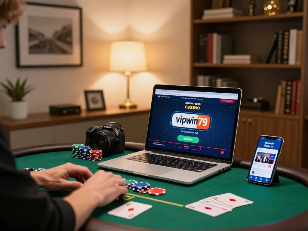 Player enjoying strategic poker gameplay on vipwin79 casino app in a stylish home office.
