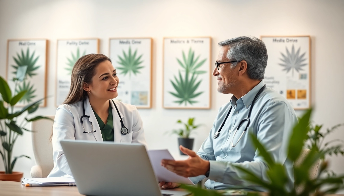 Doctor advising a patient on a medical marijuana card in a calming office environment.