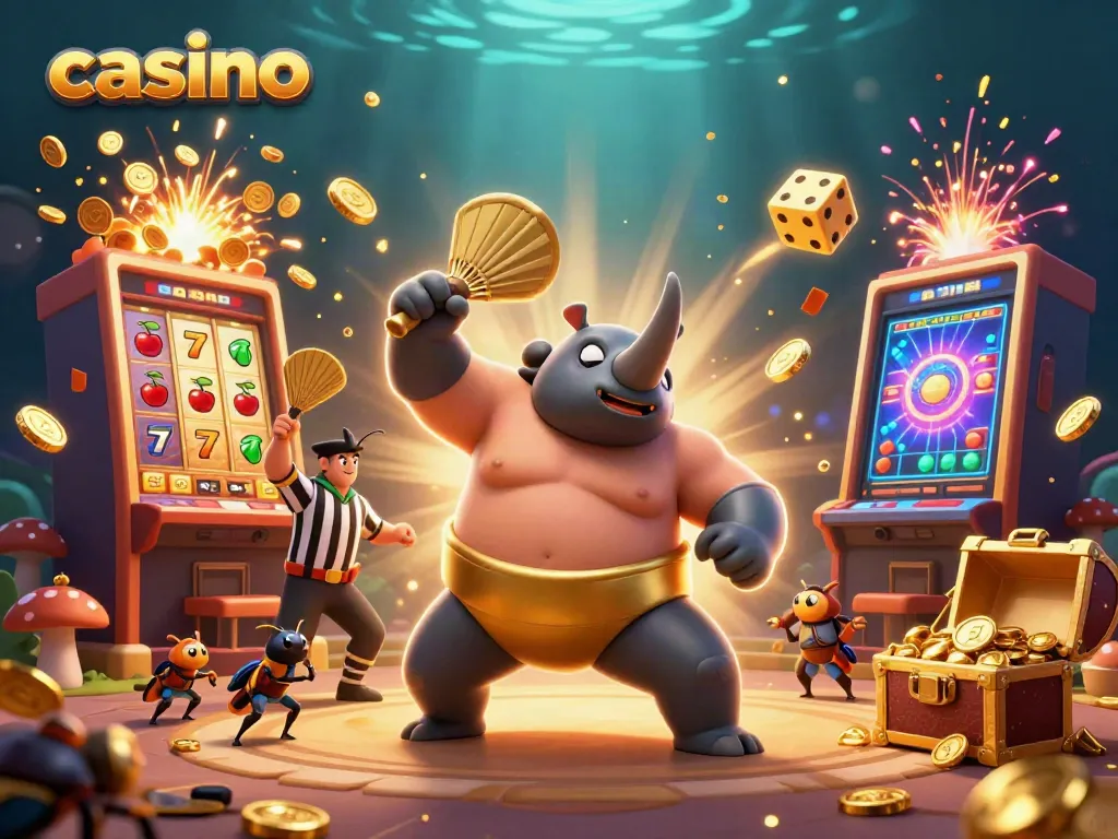 Experience thrilling casino gameplay with a regal beetle sumo champion amidst a jackpot explosion of coins.