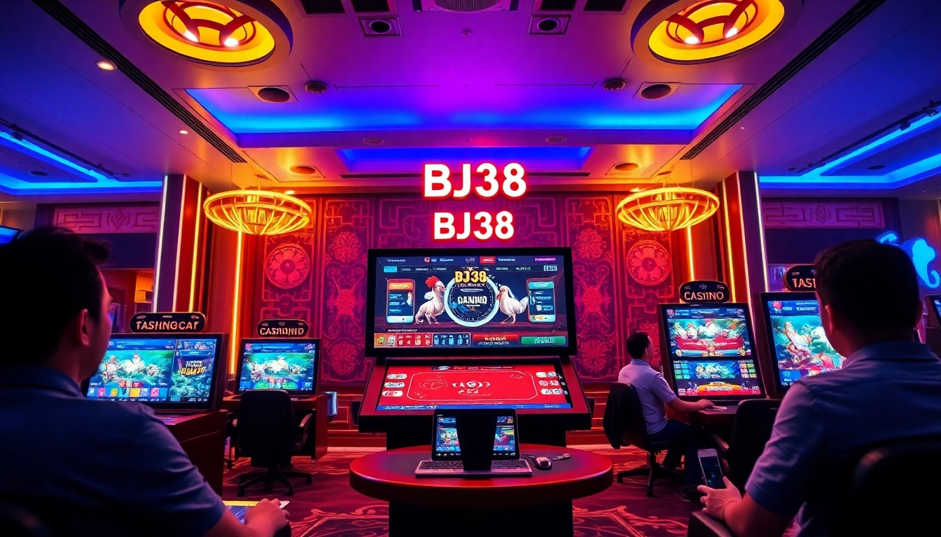 Engaging online gaming environment showcasing BJ38's thrilling casino games and chicken fights.