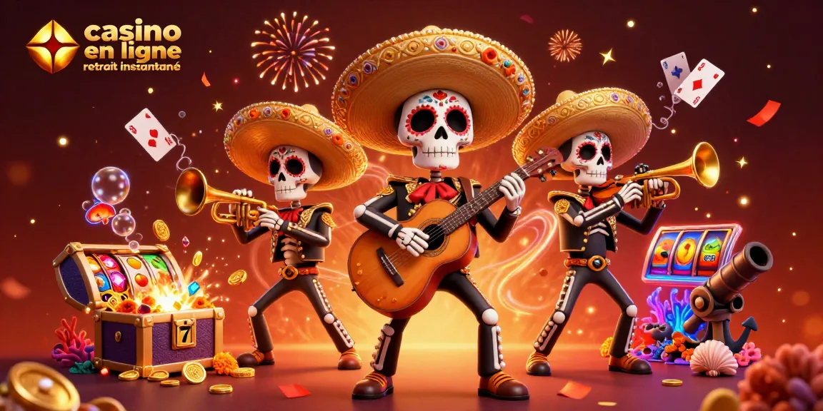 Engagez-vous avec la scène vibrante du casino en ligne retrait instantané mettant en vedette des personnages colorés de mariachi au milieu de graphismes de machines à sous dynamiques.