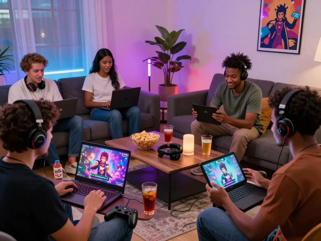 Engaged gamers enjoying online sex games on various devices in a cozy, colorful living room.