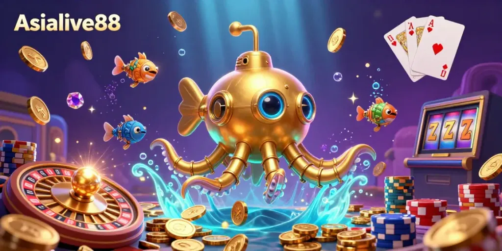Experience the excitement of Asialive88 with a dynamic 3D scene showcasing games, coins, and playful characters.