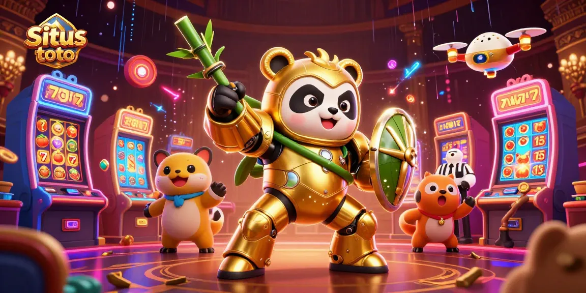 Engage in thrills at Situs toto with a dynamic 3D casino atmosphere, featuring a golden panda mech and vibrant slot elements.