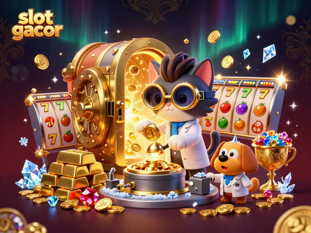 Win big with slot gacor at this dazzling 3D casino scene featuring mad scientist cat.