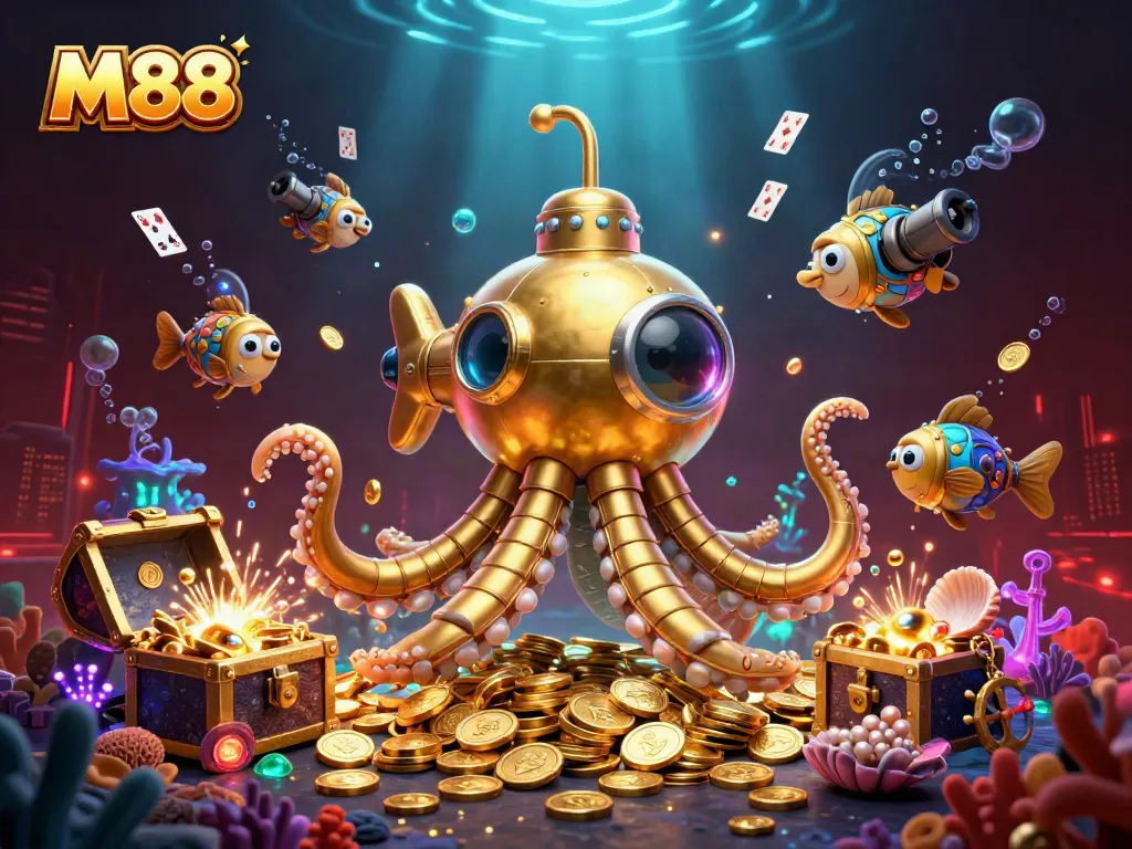 Engage with M88 gaming adventure featuring a golden kraken surrounded by treasure and casino elements.