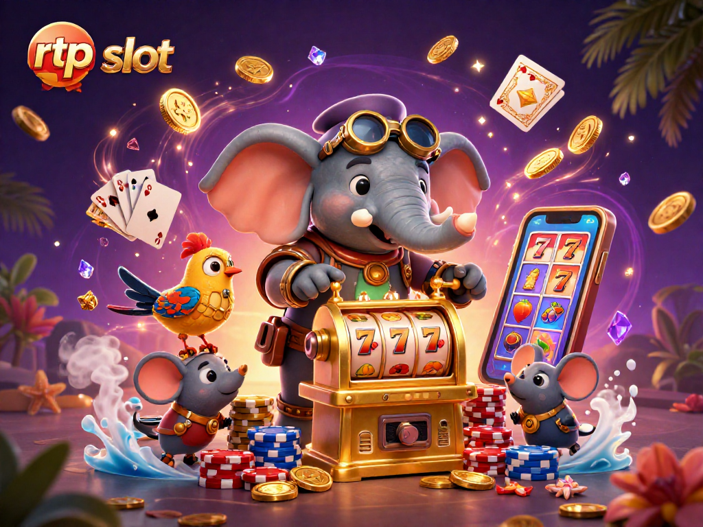 Engage with rtp slot adventures featuring playful steampunk characters in a colorful casino setting.