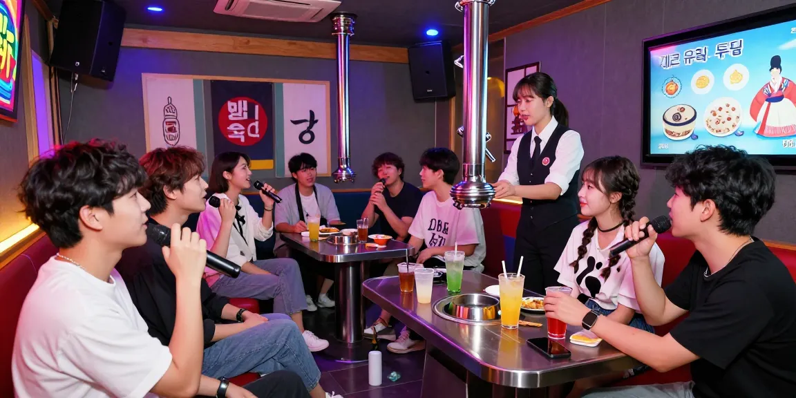 Exciting 제주유흥 experience with friends singing karaoke in lively room with colorful lighting and drinks on table.