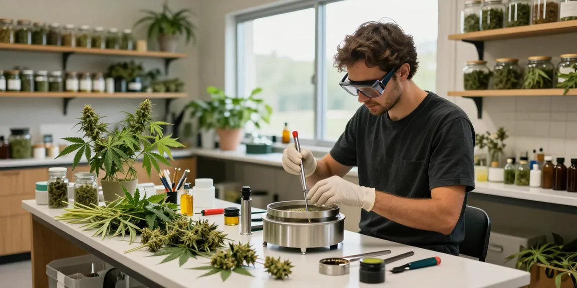Professionelle Verwendung eines Hash-Siebs zur Extraktion von Cannabisblüten in einem hellen Workshop