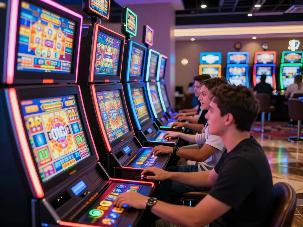 Situs slot gameplay with players engaged on colorful machines, excitement in vibrant casino atmosphere