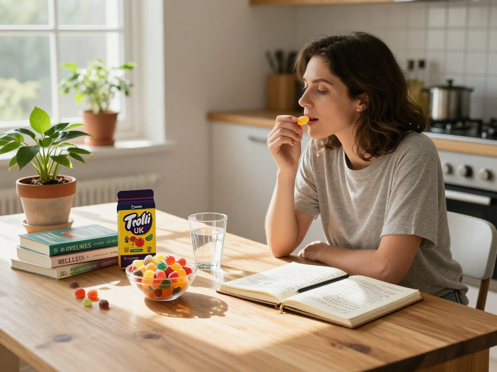 Trolli sweets UK gummies paired with CBD wellness items in a cozy kitchen, reflecting natural health lifestyle.