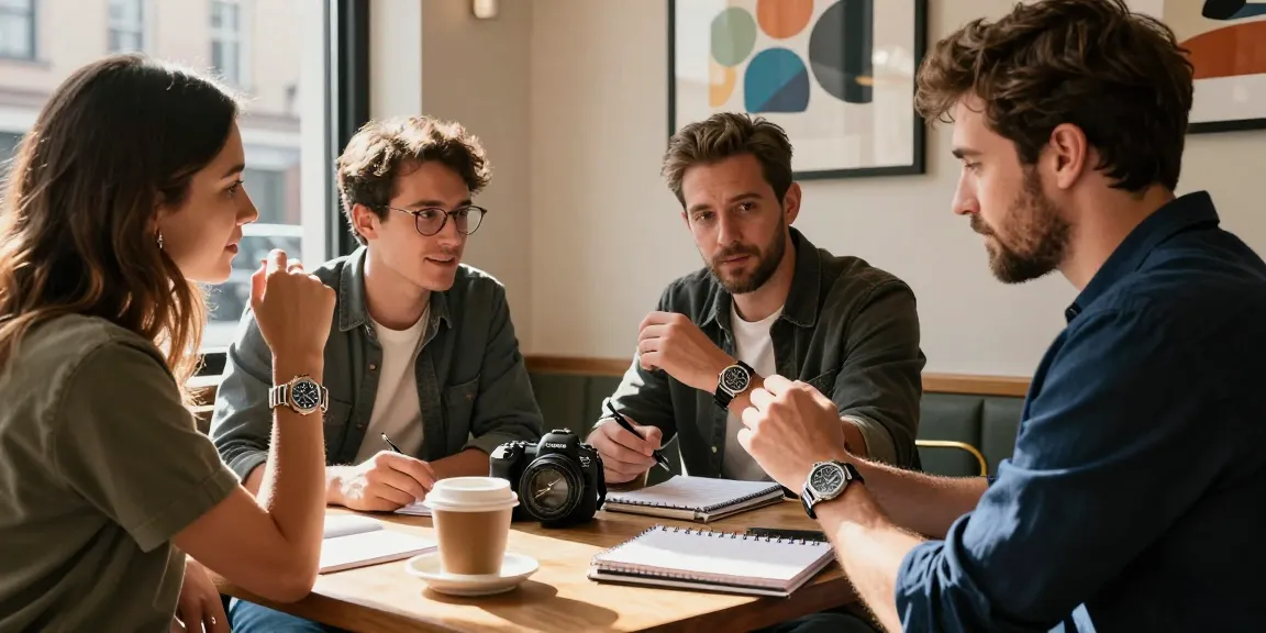 Enthusiasts discussing a luxury replica watch in a stylish urban café, with warm sunlight enhancing the cozy atmosphere.