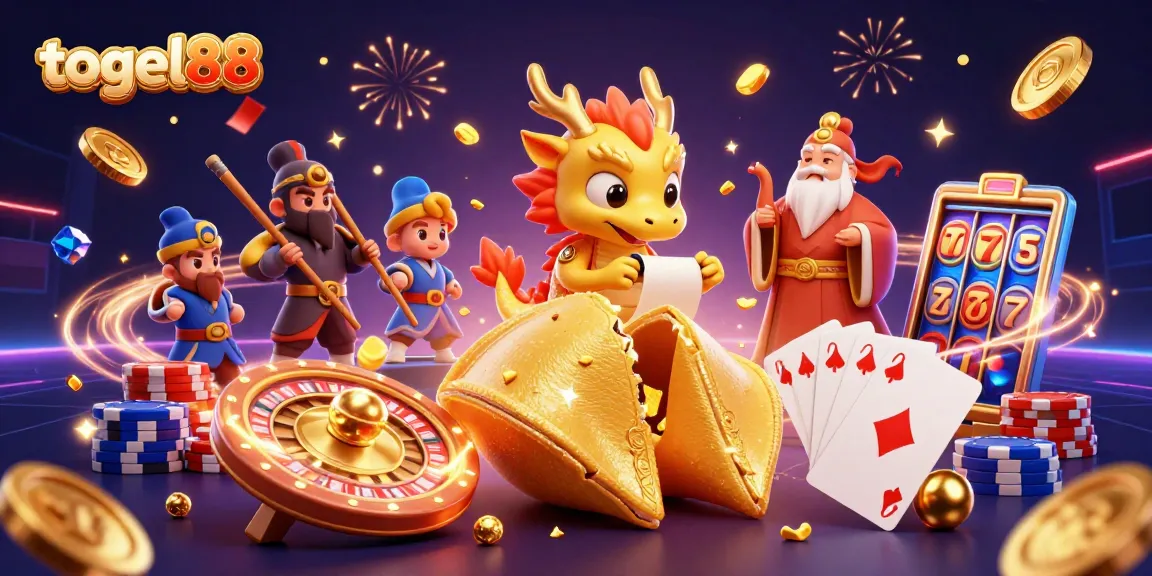 Engage with togel88's thrilling gaming experience in an exciting casino illustration featuring vibrant characters and gold.